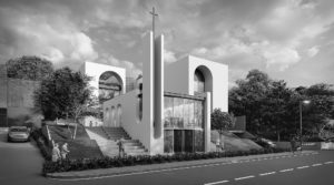 Jeita Community Center by WELD Architecture — chapel, arched openings and entrance steps