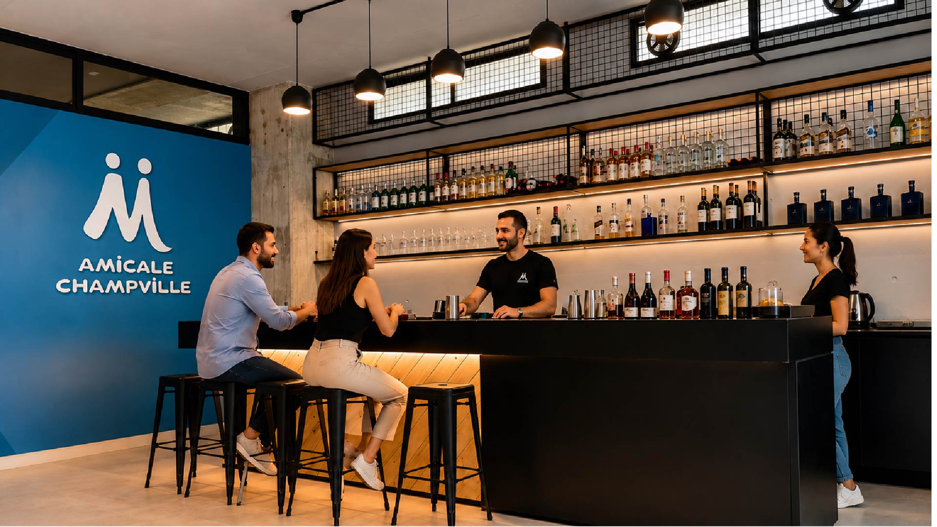 Amicale Champville bar by WELD Architecture, with timber counter, black metal shelving and pendant lighting