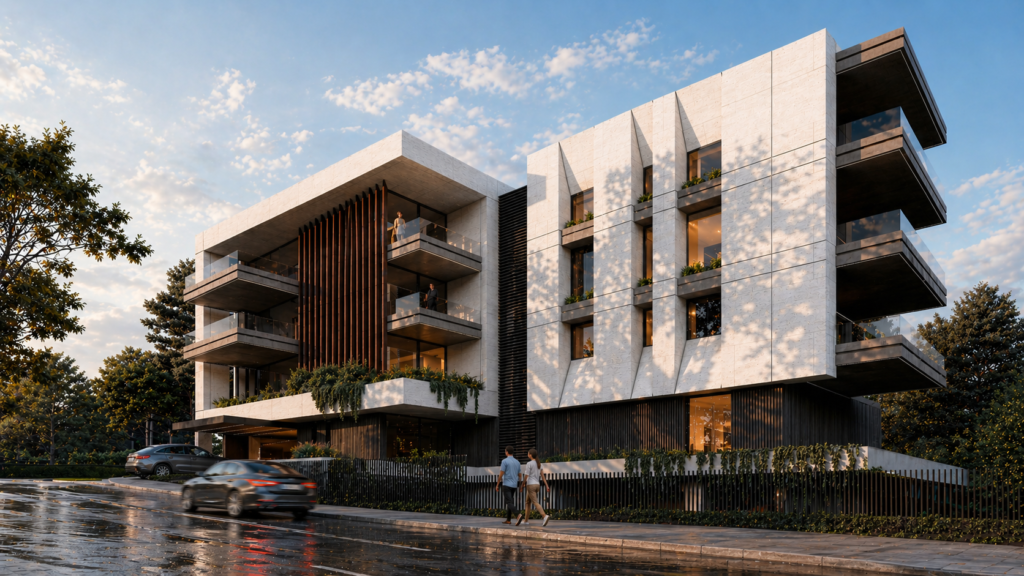 Residential building on Lot 3366 in Cornet Chahwan by WELD Architecture, with light stone façades, vertical screens and planted balconies.