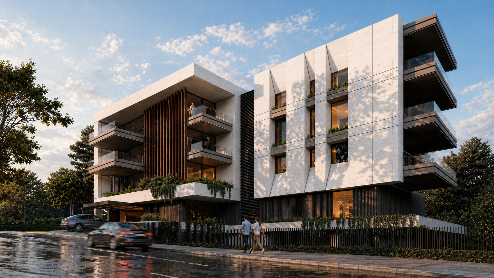 Residential building on Lot 3366 in Cornet Chahwan by WELD Architecture, with light stone façades, vertical screens and planted balconies.