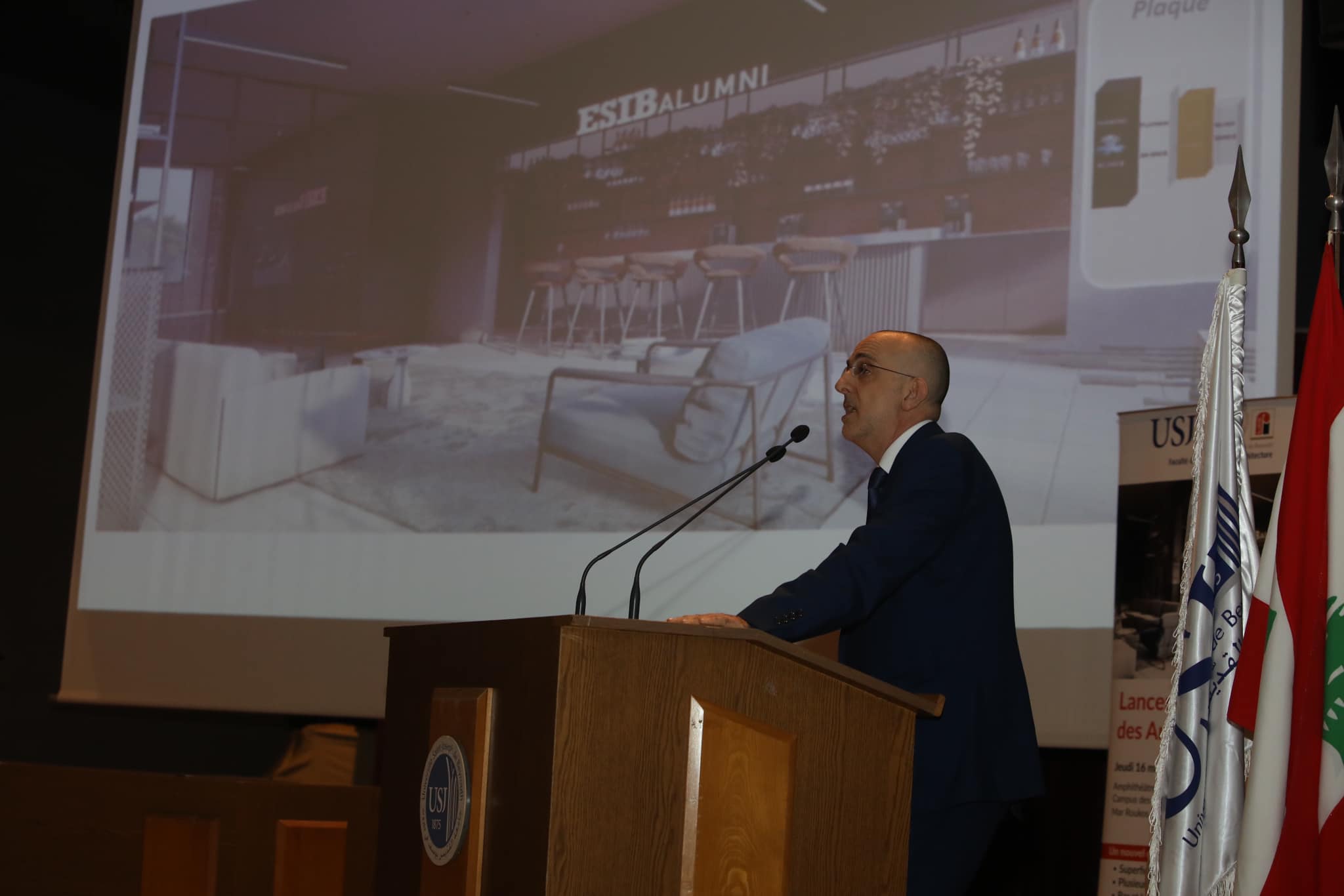 Presentation of WELD Architecture’s Salon des Anciens design at ESIB–USJ in 2024