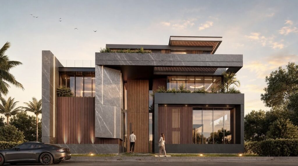 Ella-Elza Villa by WELD Architecture, with stone cladding, timber screens and planted terraces