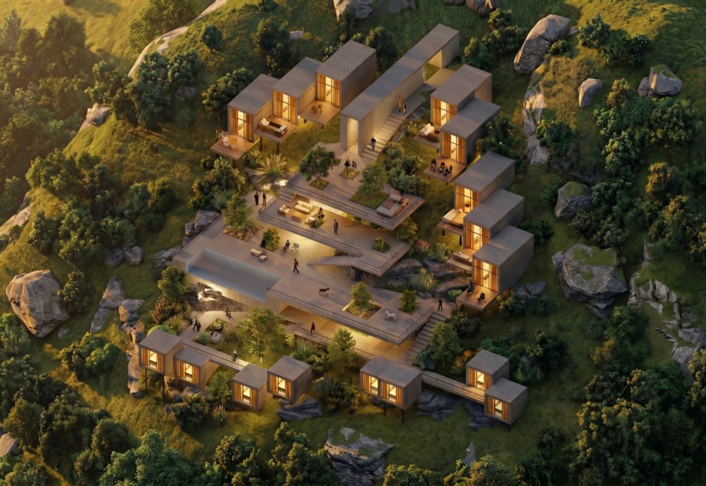 Zaarour Cluster by WELD Architecture, with hillside accommodation, stepped terraces and a pool in a mountain landscape.