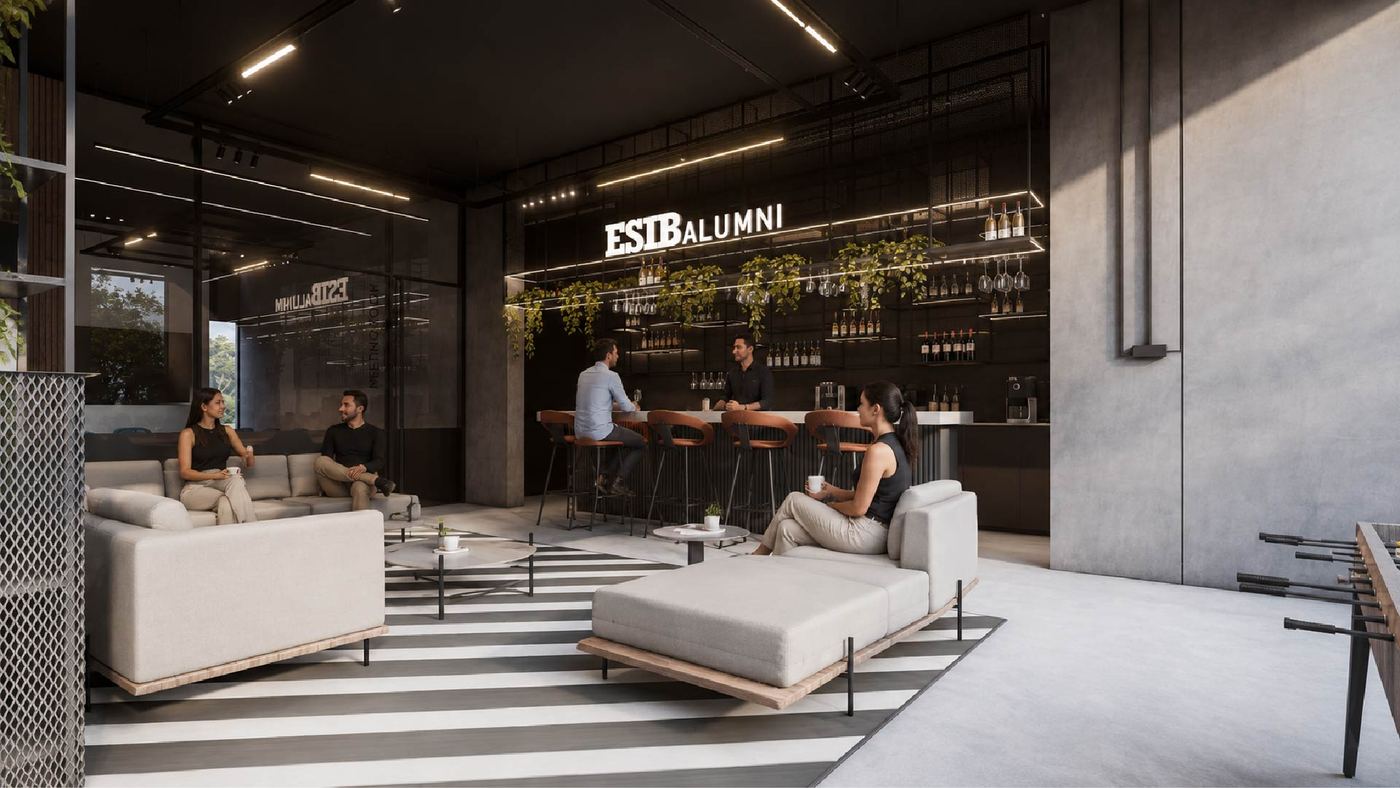 Final design perspective of the Salon des Anciens bar and lounge, ESIB–USJ, by WELD Architecture