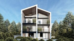 Zaarour WR by WELD Architecture — exterior visualization with pitched roof and planted balconies