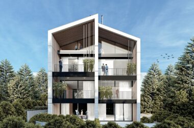 Zaarour WR by WELD Architecture — exterior visualization with pitched roof and planted balconies