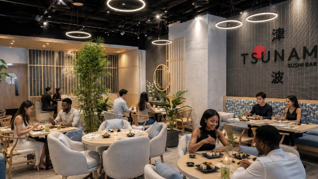 Tsunami restaurant interior by WELD Architecture, with timber screens and circular pendant lighting