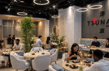 Tsunami restaurant interior by WELD Architecture, with timber screens and circular pendant lighting